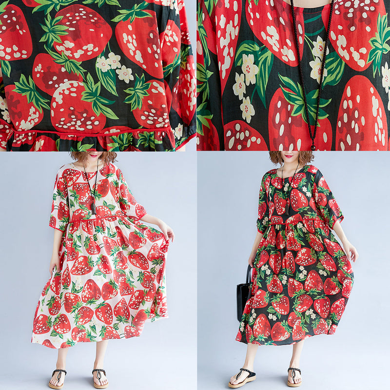 Black Silk Blended Summer Dress O Neck Short Sleeve Summer Dress Print Baggy Dresses
