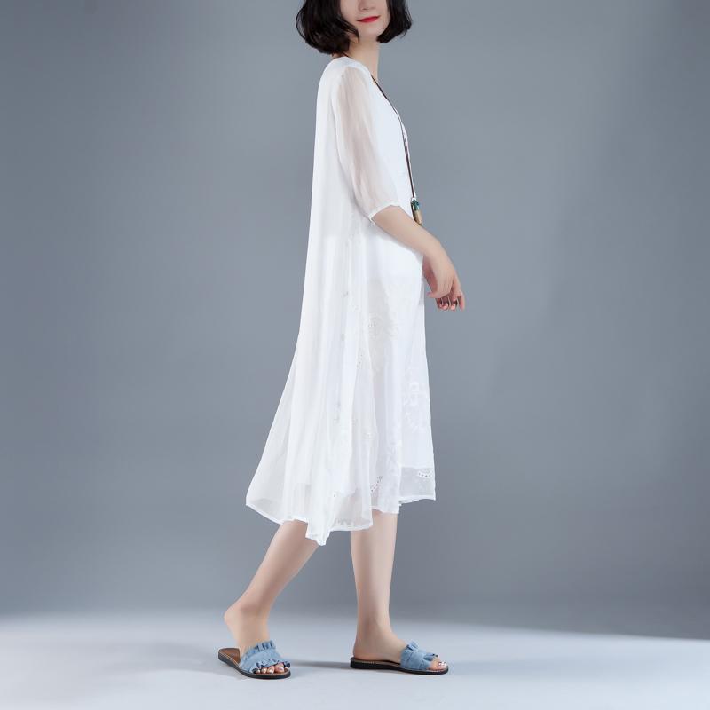 Maxi Dresses Style Flower Summer Fake Two-piece Retro White Dress
