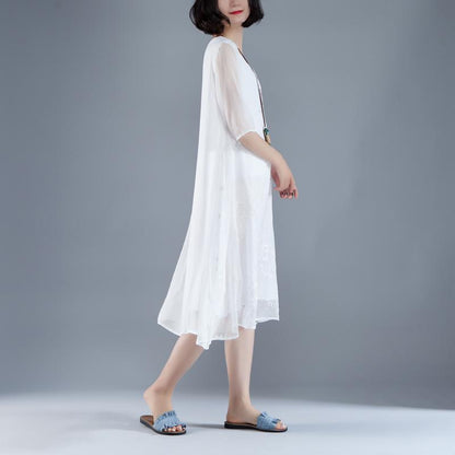 Maxi Dresses Style Flower Summer Fake Two-piece Retro White Dress