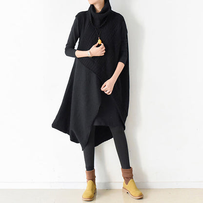 Two Pieces Black Knit Dresses Asymmetrical Winter Dress Asymmetrical Design Winter