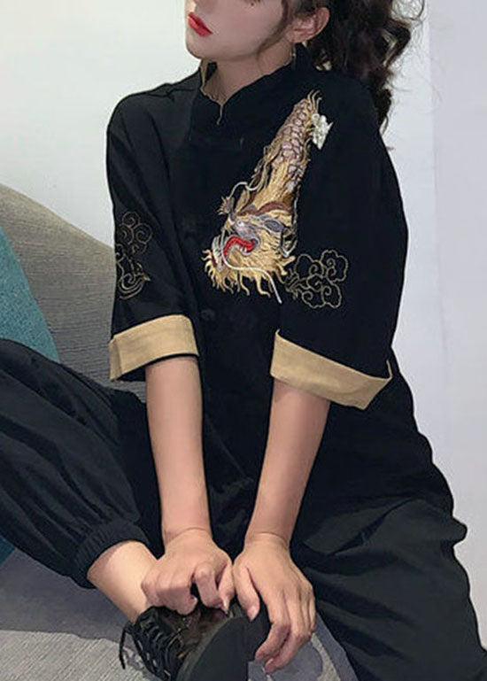 Black Button Stand Collar Embroideried Cotton Tops Half Sleeve