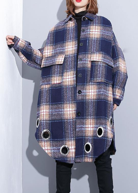Loose Fitting Winter Coat Blue Purple Plaid Lapel Pockets Wool Overcoat