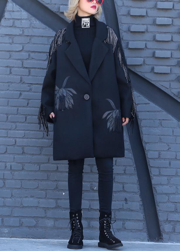 Loose Fitting Winter Woolen Outwear Black Print Notched Woolen Outwear