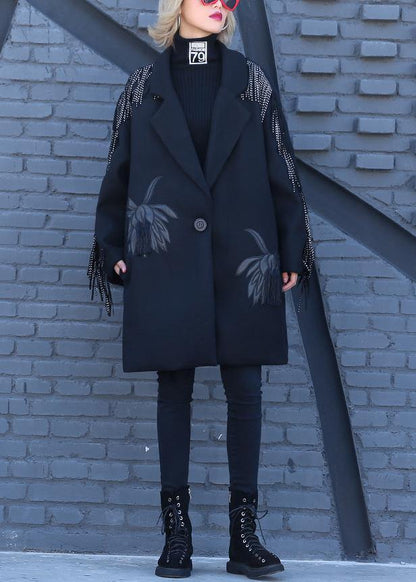 Loose Fitting Winter Woolen Outwear Black Print Notched Woolen Outwear