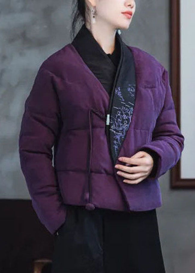 Pink Purple Embroideried Patchwork Duck Down Puffers Coats Winter