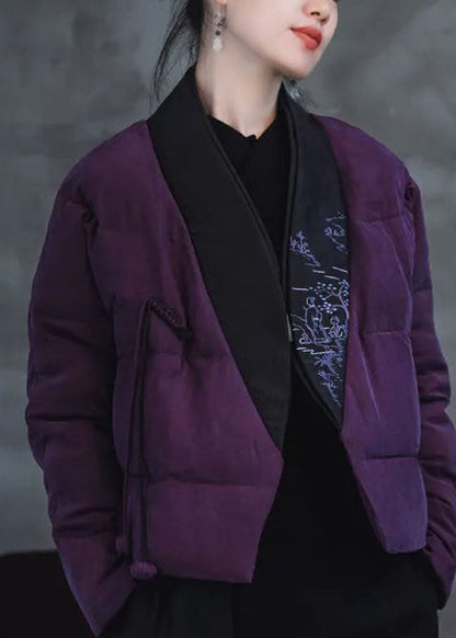 Pink Purple Embroideried Patchwork Duck Down Puffers Coats Winter