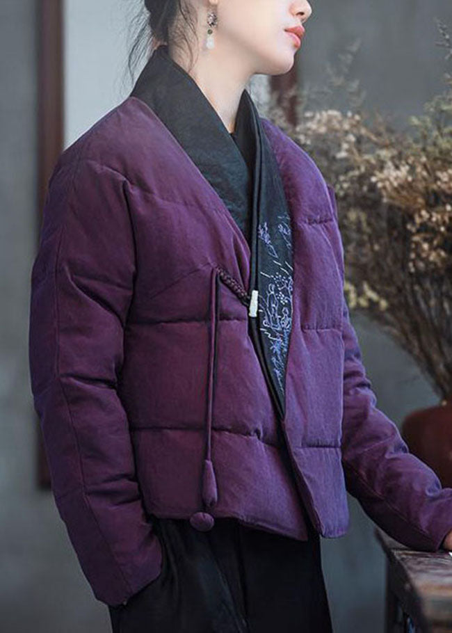 Pink Purple Embroideried Patchwork Duck Down Puffers Coats Winter