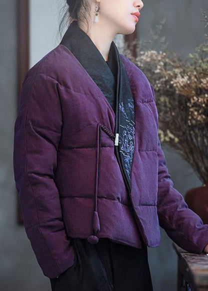 Pink Purple Embroideried Patchwork Duck Down Puffers Coats Winter