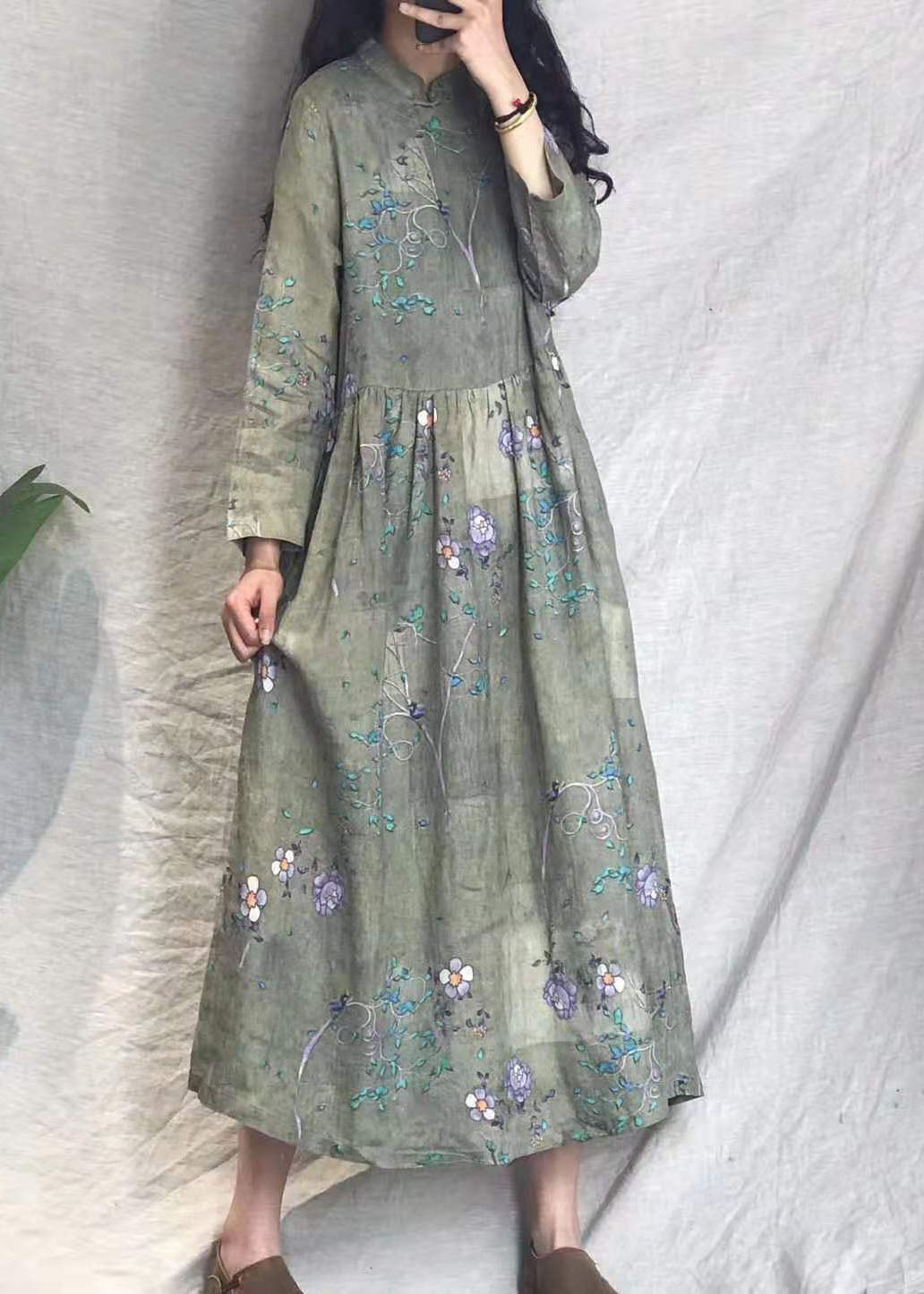 Red Cinched Stand Collar Print Linen Long Dresses Spring