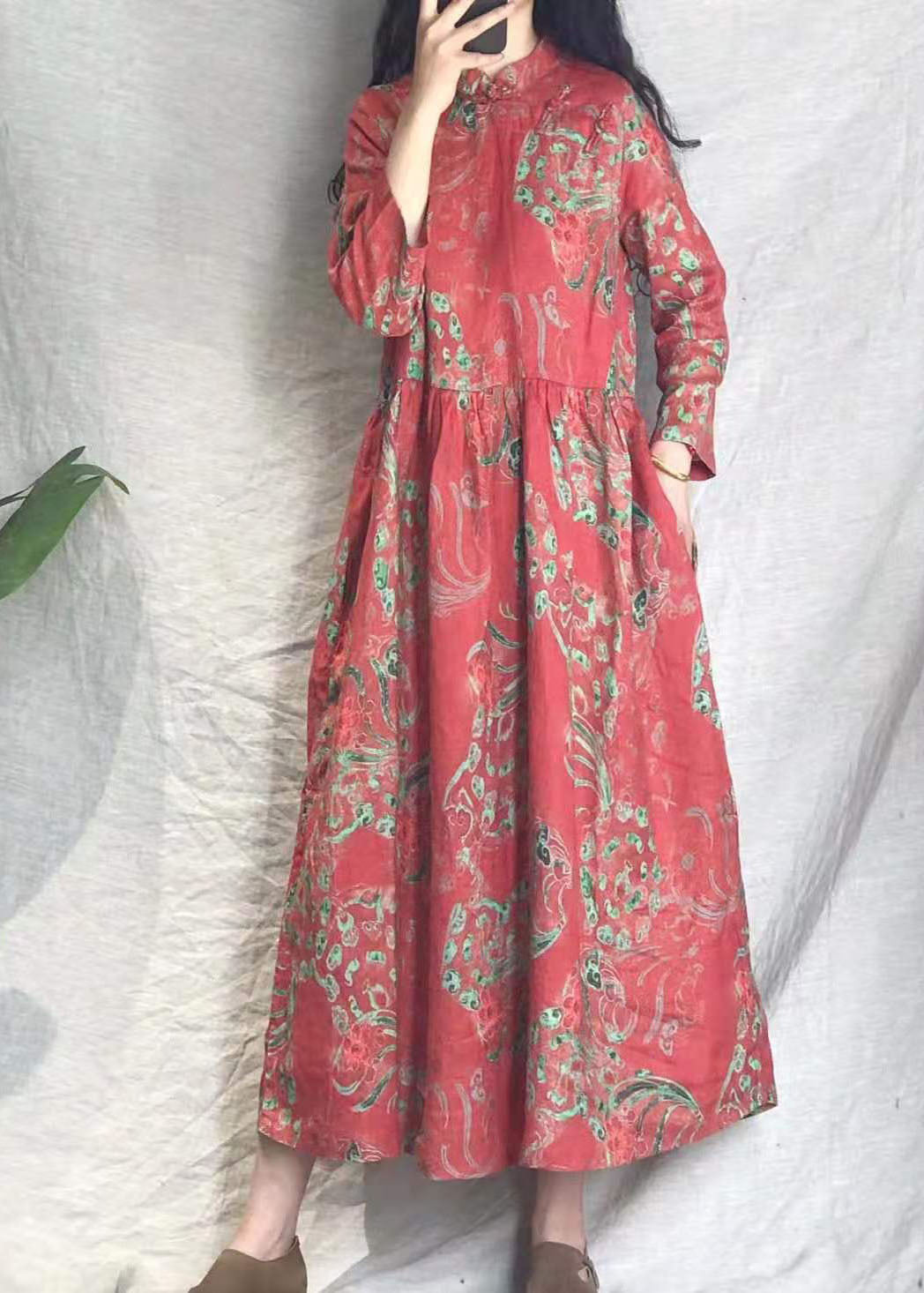 Red Cinched Stand Collar Print Linen Long Dresses Spring