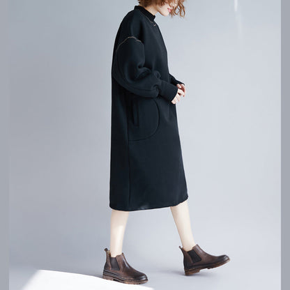 Black Midi Cotton Dresses Oversize Warm Long Sleeve Thick Cotton Clothing Dresses O Neck Holiday Dresses