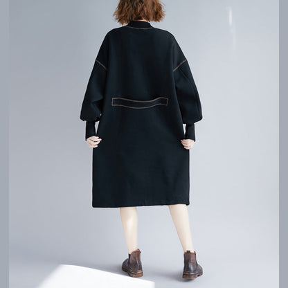 Black Midi Cotton Dresses Oversize Warm Long Sleeve Thick Cotton Clothing Dresses O Neck Holiday Dresses
