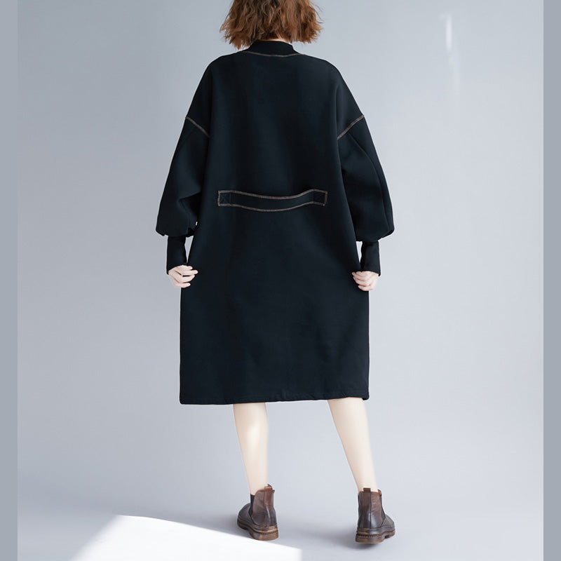 Black Midi Cotton Dresses Oversize Warm Long Sleeve Thick Cotton Clothing Dresses O Neck Holiday Dresses