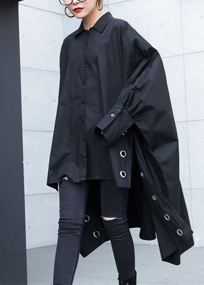 Black Midi Cotton Pullover Traveling Blouse Hollow Outlow High Design Cotton Blouses