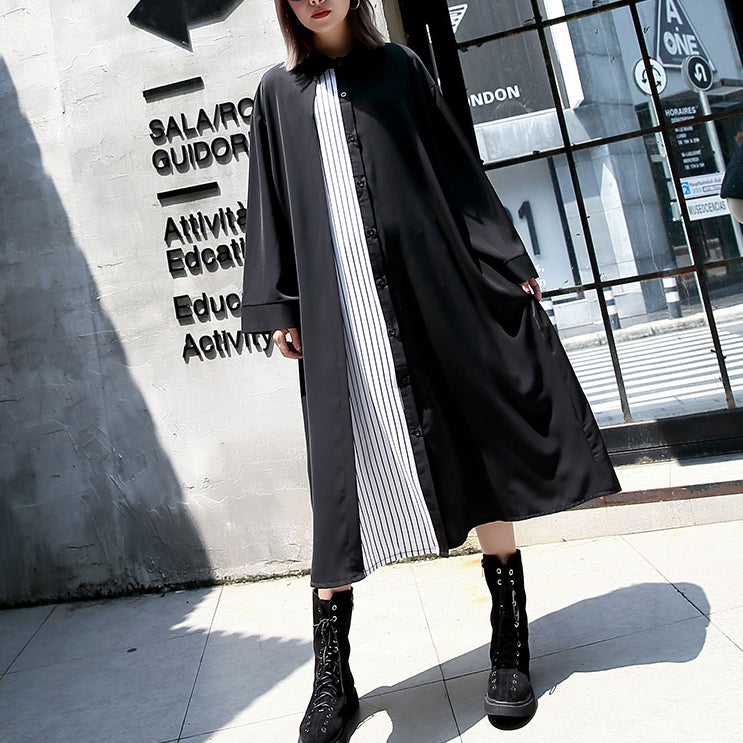 Black Caftans Oversized Turn-down Collar Fall Dresses Patchwork Baggy Dresses
