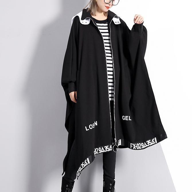 Black Coat Loose Fitting Turn-down Collar Zippered Long Coat Batwing Sleeve Asymmetric Coat