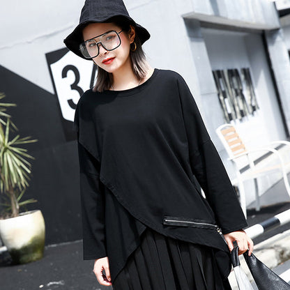 vintage black cotton blended pullover plus size O neck asymmetric shirts 2018 long sleeve zippered brief t shirt