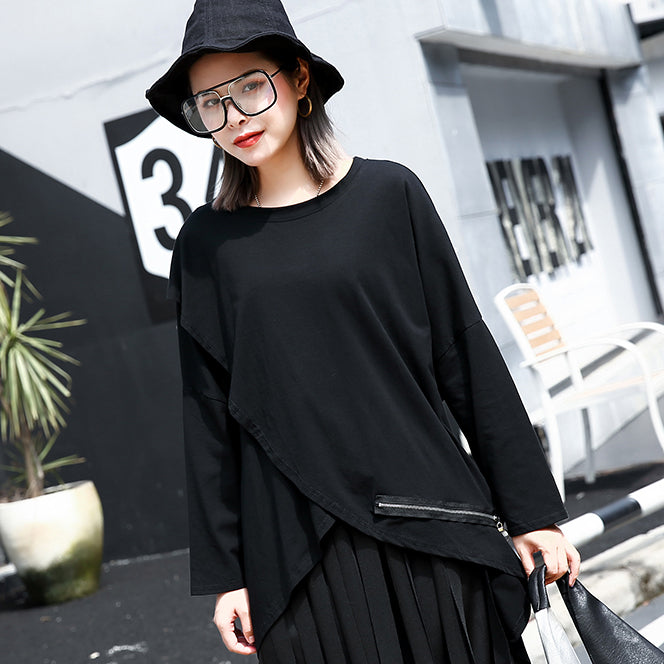 Black Cotton Blended Pullover O Neck Asymmetric Shirts Long Sleeve Zippered Brief T Shirt