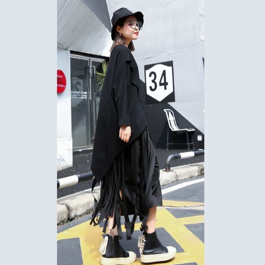 vintage black cotton blended pullover plus size O neck asymmetric shirts 2018 long sleeve zippered brief t shirt