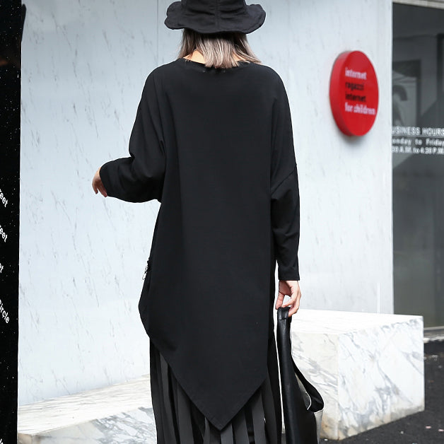 Black Cotton Blended Pullover O Neck Asymmetric Shirts Long Sleeve Zippered Brief T Shirt