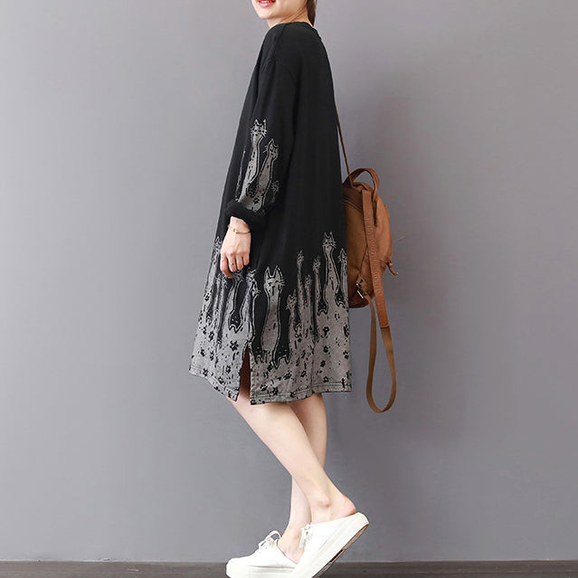 Black Fall Dress Loose Fitting Cotton Cotton Dress Prints Fine Side Open Autumn Dress