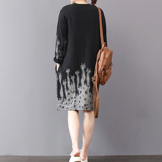 Black Fall Dress Loose Fitting Cotton Cotton Dress Prints Fine Side Open Autumn Dress