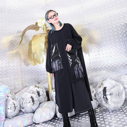 Black Natural Silk Cotton Blended Dress O Neck Baggy Dresses Gown Pockets Tassel Dresses