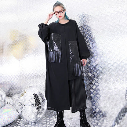 Black Natural Silk Cotton Blended Dress O Neck Baggy Dresses Gown Pockets Tassel Dresses