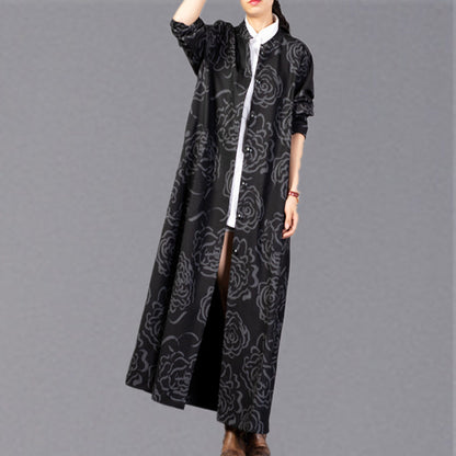 Black Print Winter Coat Stand Collar Coat Pockets Trench Coat