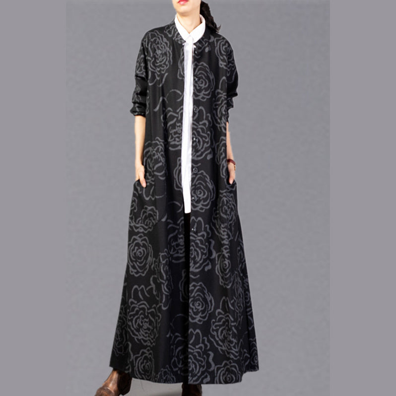 Black Print Winter Coat Stand Collar Coat Pockets Trench Coat