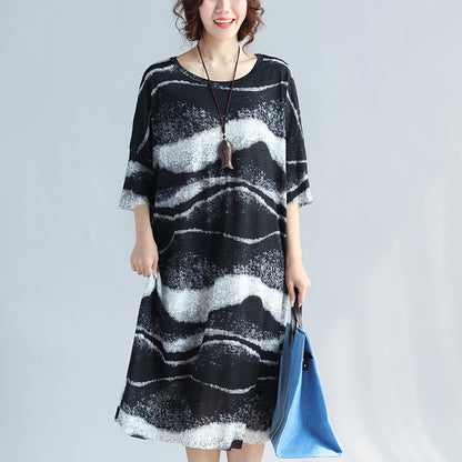 Black Pure Linen Dress Plussize Holiday Dresses Fine O Neck Asymmetric Striped Linen Dresses