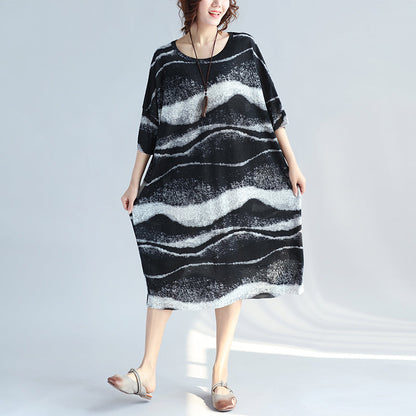 Black Pure Linen Dress Plussize Holiday Dresses Fine O Neck Asymmetric Striped Linen Dresses