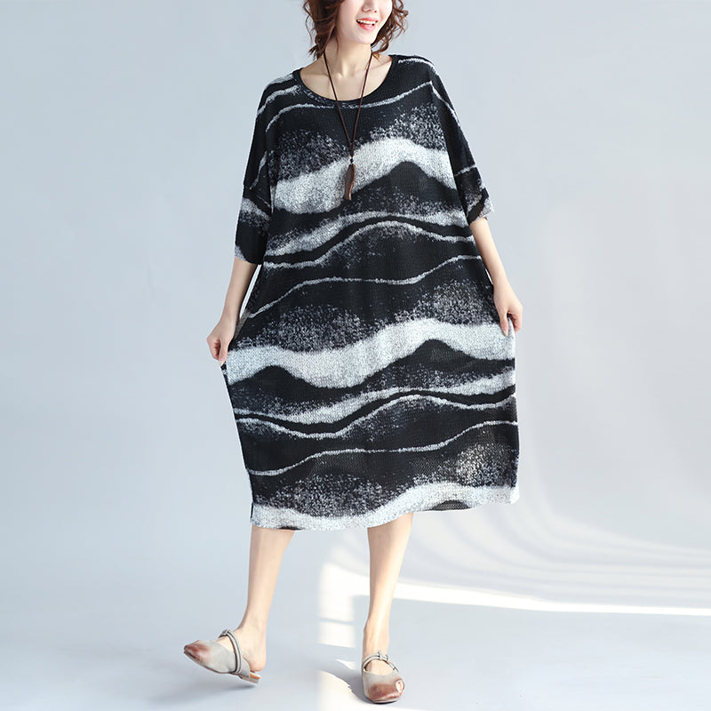 Black Pure Linen Dress Plussize Holiday Dresses Fine O Neck Asymmetric Striped Linen Dresses