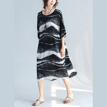 Black Pure Linen Dress Plussize Holiday Dresses Fine O Neck Asymmetric Striped Linen Dresses