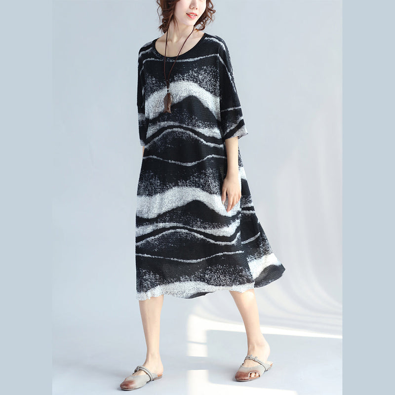 Black Pure Linen Dress Plussize Holiday Dresses Fine O Neck Asymmetric Striped Linen Dresses