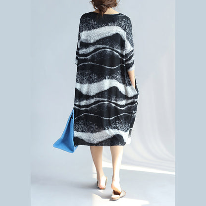 Black Pure Linen Dress Plussize Holiday Dresses Fine O Neck Asymmetric Striped Linen Dresses