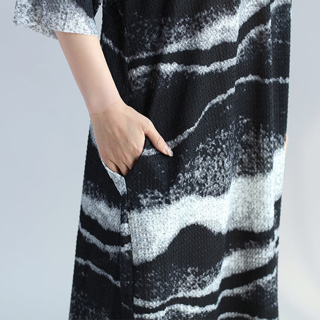 Black Pure Linen Dress Plussize Holiday Dresses Fine O Neck Asymmetric Striped Linen Dresses