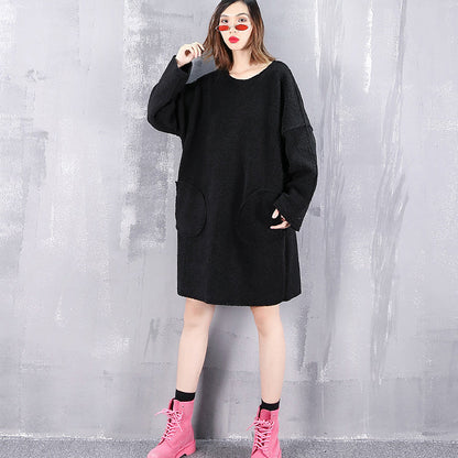 Black Pure Wool Tops Oversize O Neck Holiday Tops New Pockets Wool Clothing