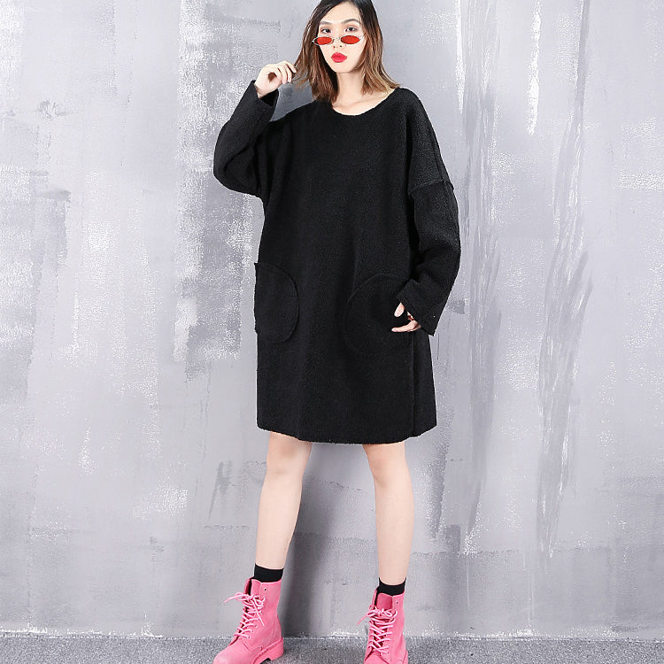 Black Pure Wool Tops Oversize O Neck Holiday Tops New Pockets Wool Clothing
