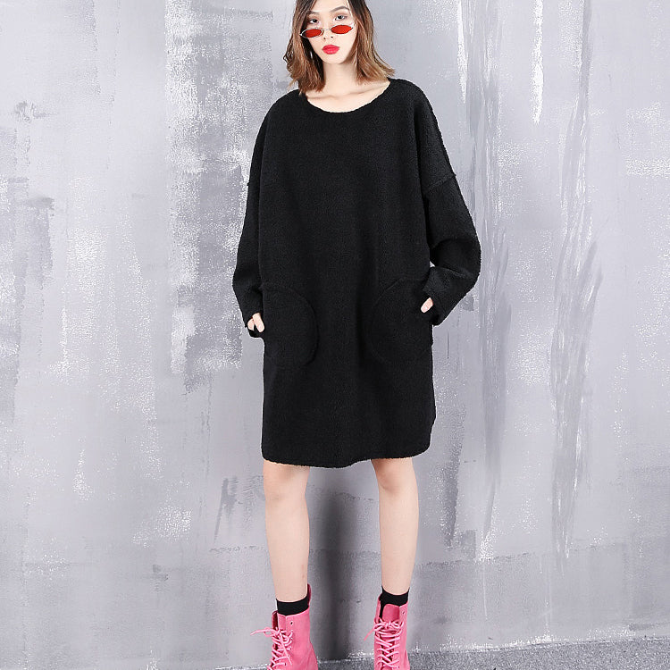 Black Pure Wool Tops Oversize O Neck Holiday Tops New Pockets Wool Clothing