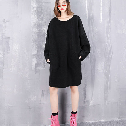 Black Pure Wool Tops Oversize O Neck Holiday Tops New Pockets Wool Clothing