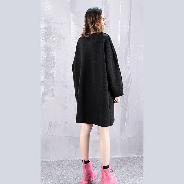 Black Pure Wool Tops Oversize O Neck Holiday Tops New Pockets Wool Clothing