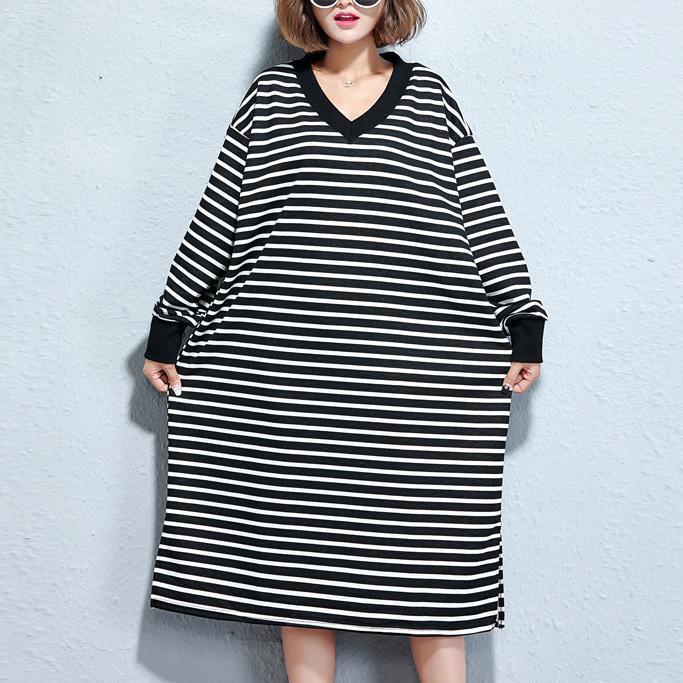 Black White Striped Long Cotton Dresses Oversize V Neck Cotton Maxi Dress Fine Side Open Caftans