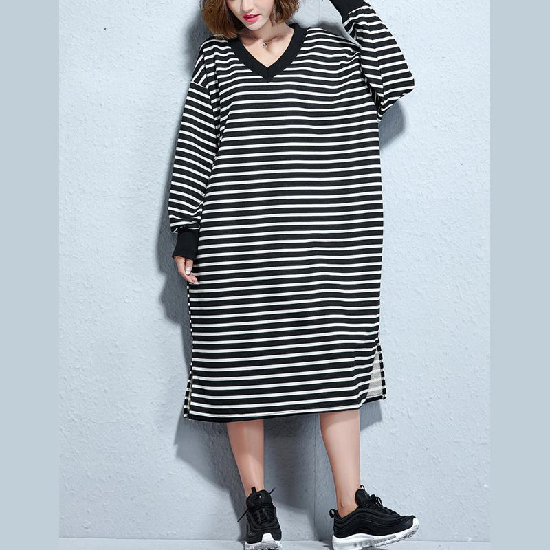Black White Striped Long Cotton Dresses Oversize V Neck Cotton Maxi Dress Fine Side Open Caftans