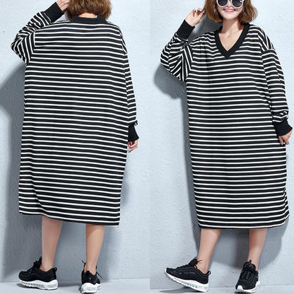 Black White Striped Long Cotton Dresses Oversize V Neck Cotton Maxi Dress Fine Side Open Caftans