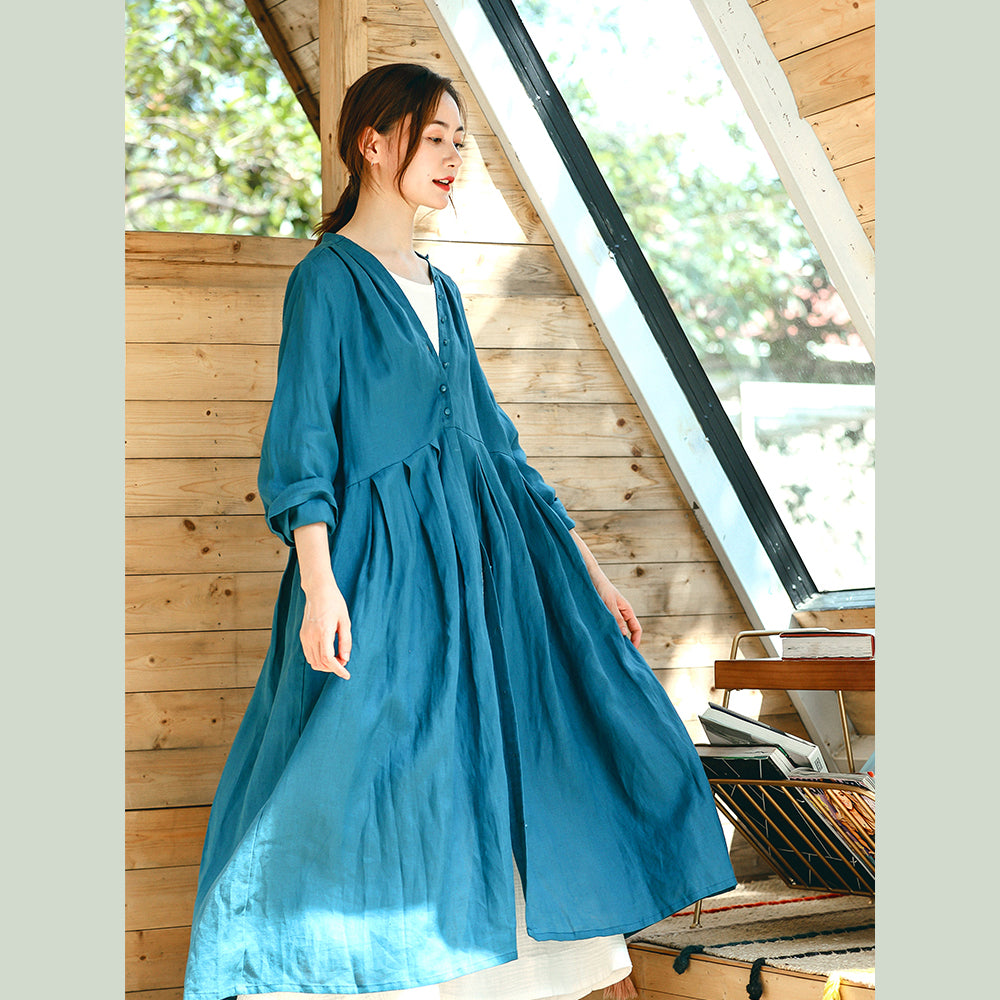 Blue Coat Oversized V Neck Cinched Boutique Long Sleeve Baggy Coat