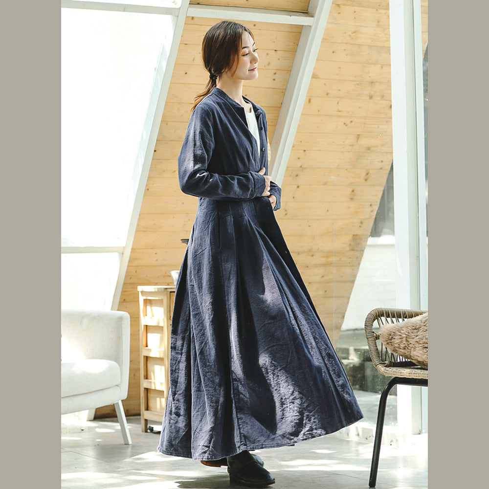 Blue Coat Oversize Stand Collar Long Coat Long Sleeve Large Hem Coat