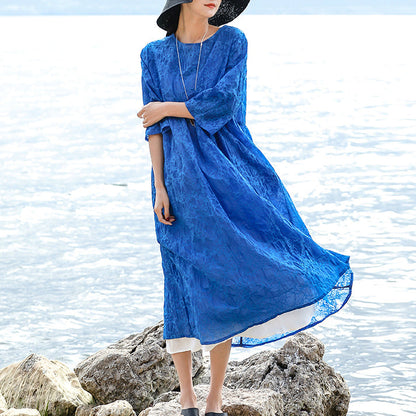 Blue Natural Silk Linen Dress Loose Fitting O Neck Silk Linen Clothing Dresses Three Quarter Sleeve Baggy Dresses
