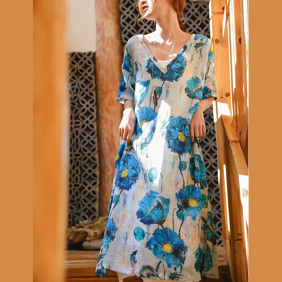Blue White Print Linen Maxi Dress Loose Fitting V Neck Linen Gown Fine Half Sleeve Baggy Dresses