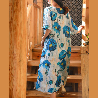 Blue White Print Linen Maxi Dress Loose Fitting V Neck Linen Gown Fine Half Sleeve Baggy Dresses